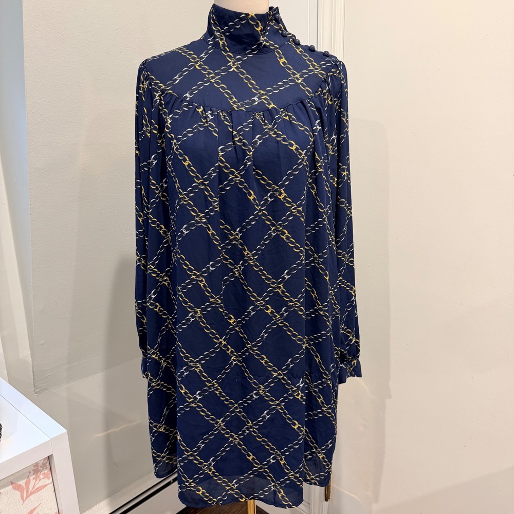 Who What Wear Blue Chain Print Mock Neck Mini Dress Nautical Chic | Size M NWT